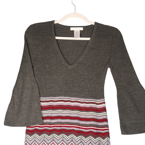 London Times Midi Sweater Dress Womens M Gray Maroon Chevron Lighter Weight Boho - Picture 2 of 9